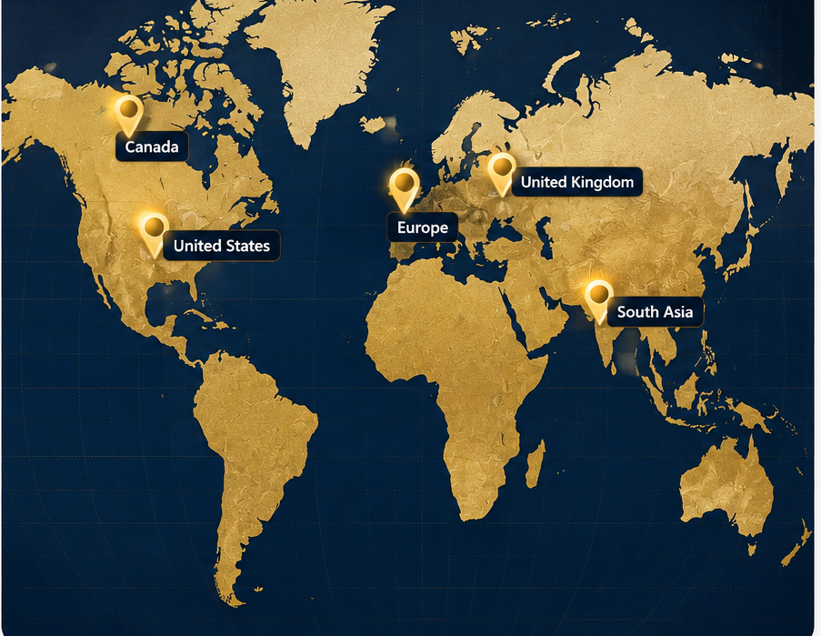 Global markets map showing Canada, United States, Europe, United Kingdom and South Asia